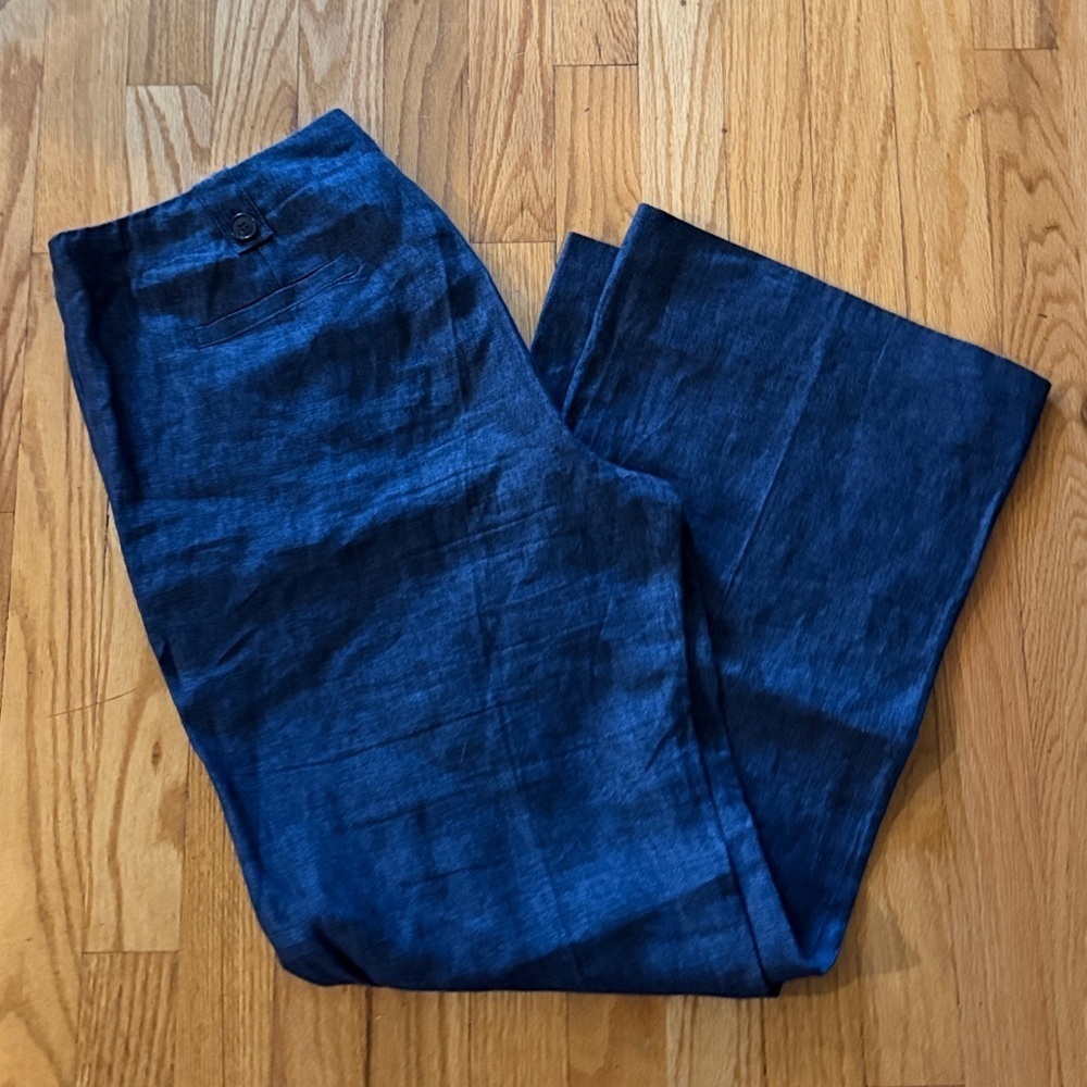 Lafayette 148 sz 10 dark chambray trouser zip fly, pockets, 100% linen wide leg